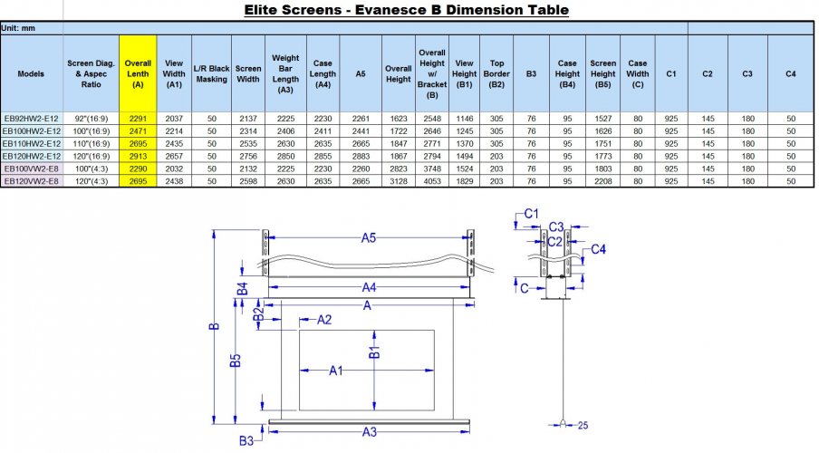 Elite Screen EB110HW2-E12 таблица с размерами