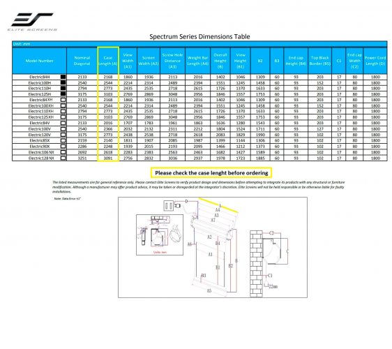 Elite Screen Electric110H таблица с размерами
