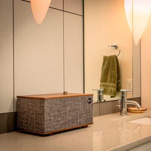 Klipsch The Three with Google Assistant (Walnut) в интерьере в ванной комнате