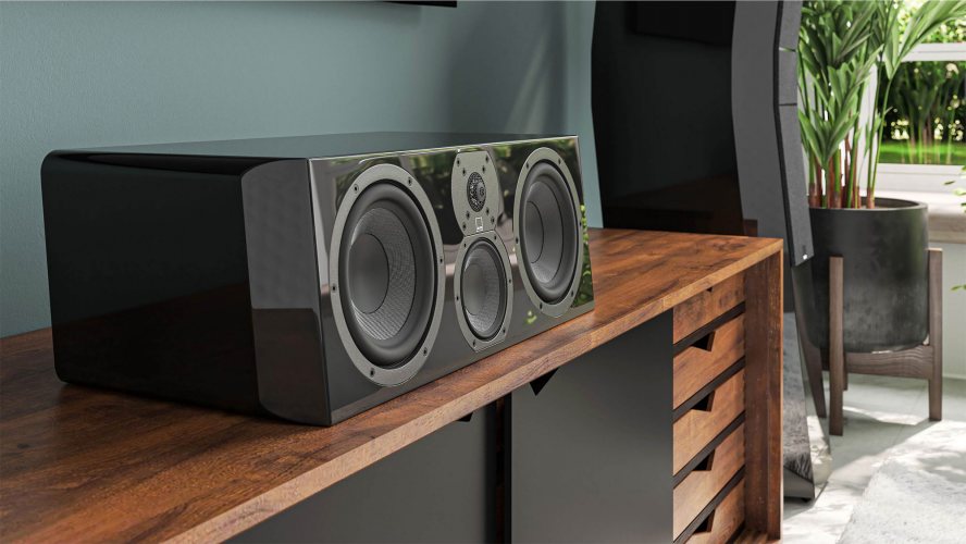 SVS Ultra Evolution Center Piano Gloss Black На тумбе