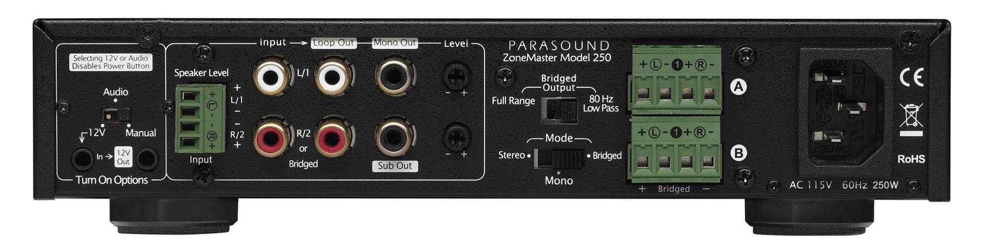 Задняя панель Parasound ZoneMaster 250