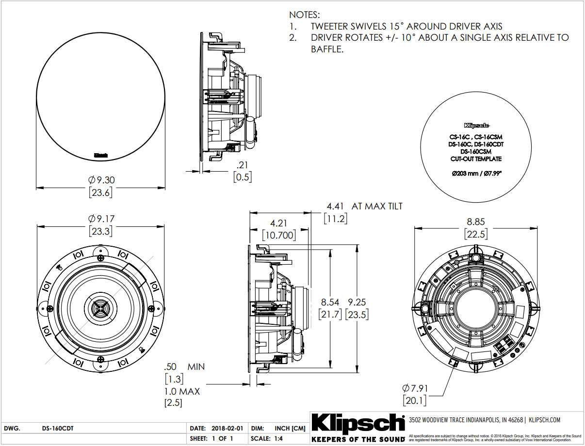 Точные размеры Klipsch DS-160CDT
